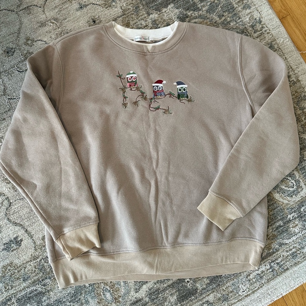 Christmas Holiday Tan Sweater with Owl Embroidery